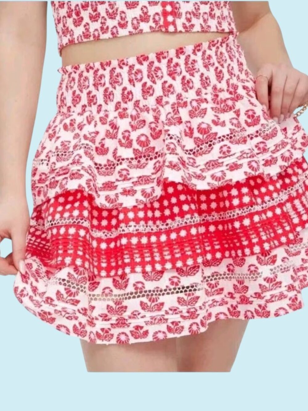 Roller Rabbit x Target Tiered Mini Skirt Size XL Red & White Floral Cottagecore